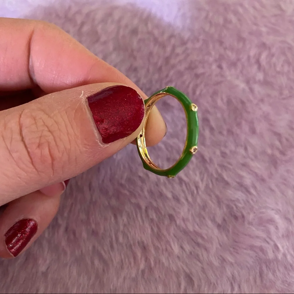 Green Enamel Skinny Ring on Gold Tone Band